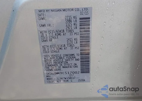 2015 Infiniti Qx60 from USA, damaged, VIN 5N1AL0MM7FC517002